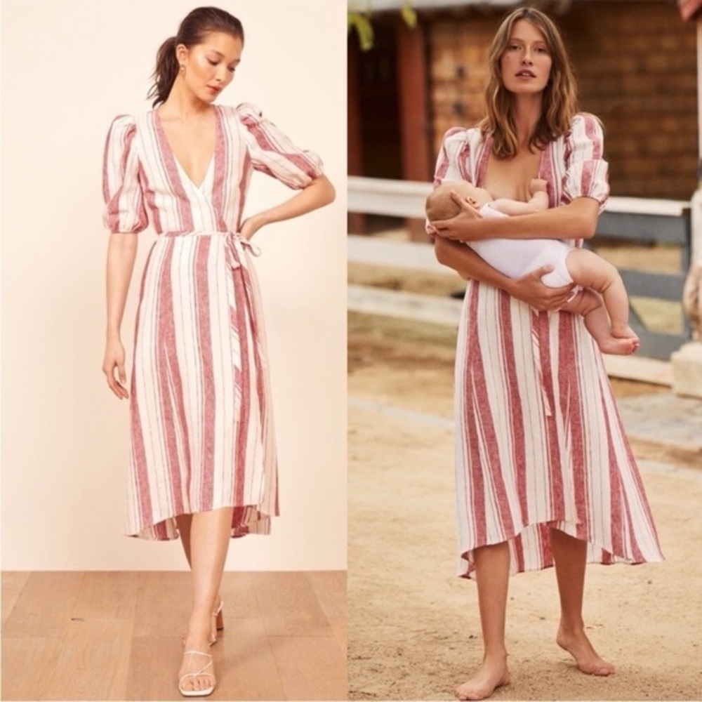 REFORMATION Savannah Linen Striped Wrap Dress